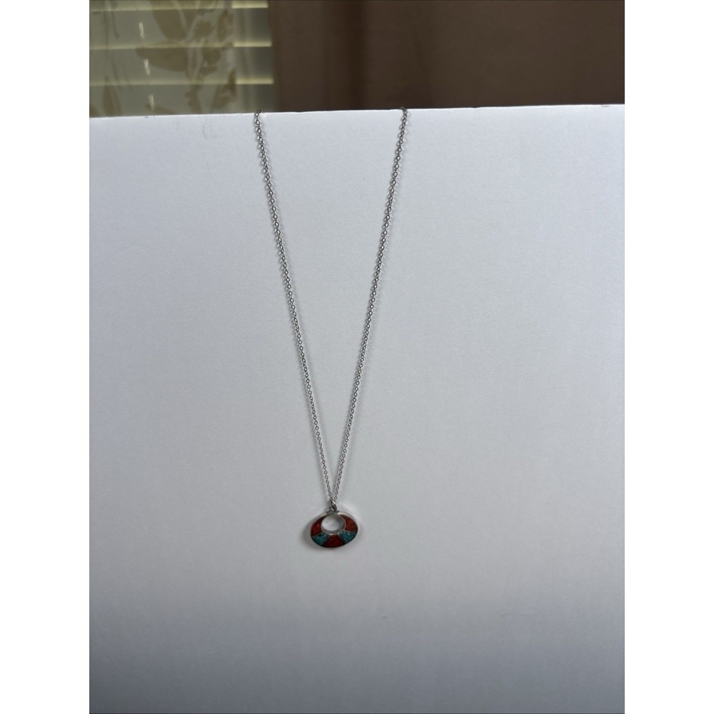 Vintage Sterling Silver Turquoise & Red Coral Chip Inlay Pendant Necklace